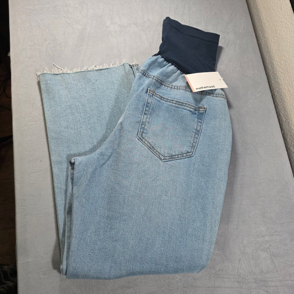 Motherhood Maternity Jeans XL Light Wash Straight Leg Raw‎ Hem Full Belly Panel